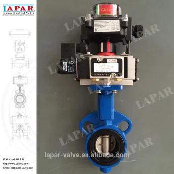 LAPAR wafer type epdm seat pneumatic butterfly valve with limit switch and solenoid valve single coil