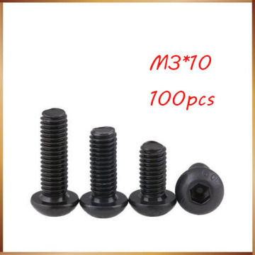 Free Shipping 100pcs M3x10 mm M3*10 mm yuan cup Half round pan head black grade 10.9 carbon Steel Hex Socket Head Cap Screw