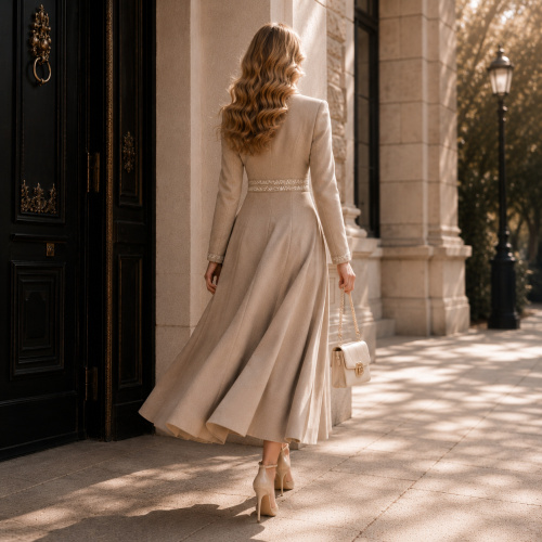 لباس کتانی بلند یقه یقه دار شرابی مهره دار