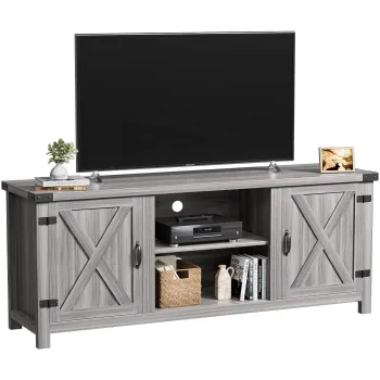 Modern Rustic TV Cabinet: 58-inch Wooden Stand with Sliding Barn Doors and Adjustable Media Shelf