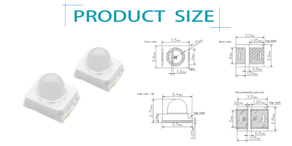 Size of 2835PGC50D5L12A15 Cyan SMD LED 500nm Domed Lens SMD LED Turquoise LED 505nm 500nm cyan LED