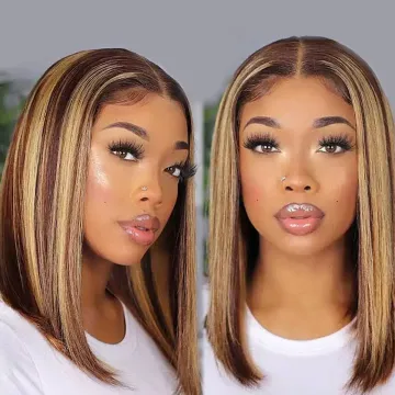 Short Bob Wigs Human Hair,Highlighted Colored Ombre Human Hair Wigs, Lace Closure Human Hair Wig