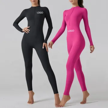 Women's One Piece Yoga Gym Fitness Rompers Workout Jumpsuit with Long Sleeve and Zip Front