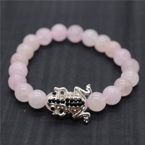Bracelet de pierres précieuses extensibles de perles rondes de quartz rose 8MM avec morceau de grenouille en alliage Diamante