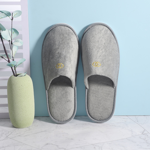 Grey velour slipper with Custom Embroidered Logo