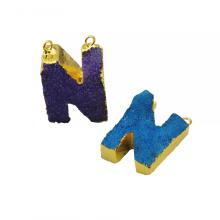 Natural Druzy Crystal Alphabet Letter N Pendants Plated Gold