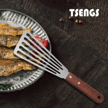Stainless Steel Cutout Wooden Handle Spatula for Cooking, Fishing, and Baking