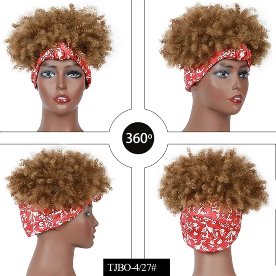 Afro  short Omber brown Synthetic wigs Wrap Wigs Drawstring Culry Hair Headband Wig