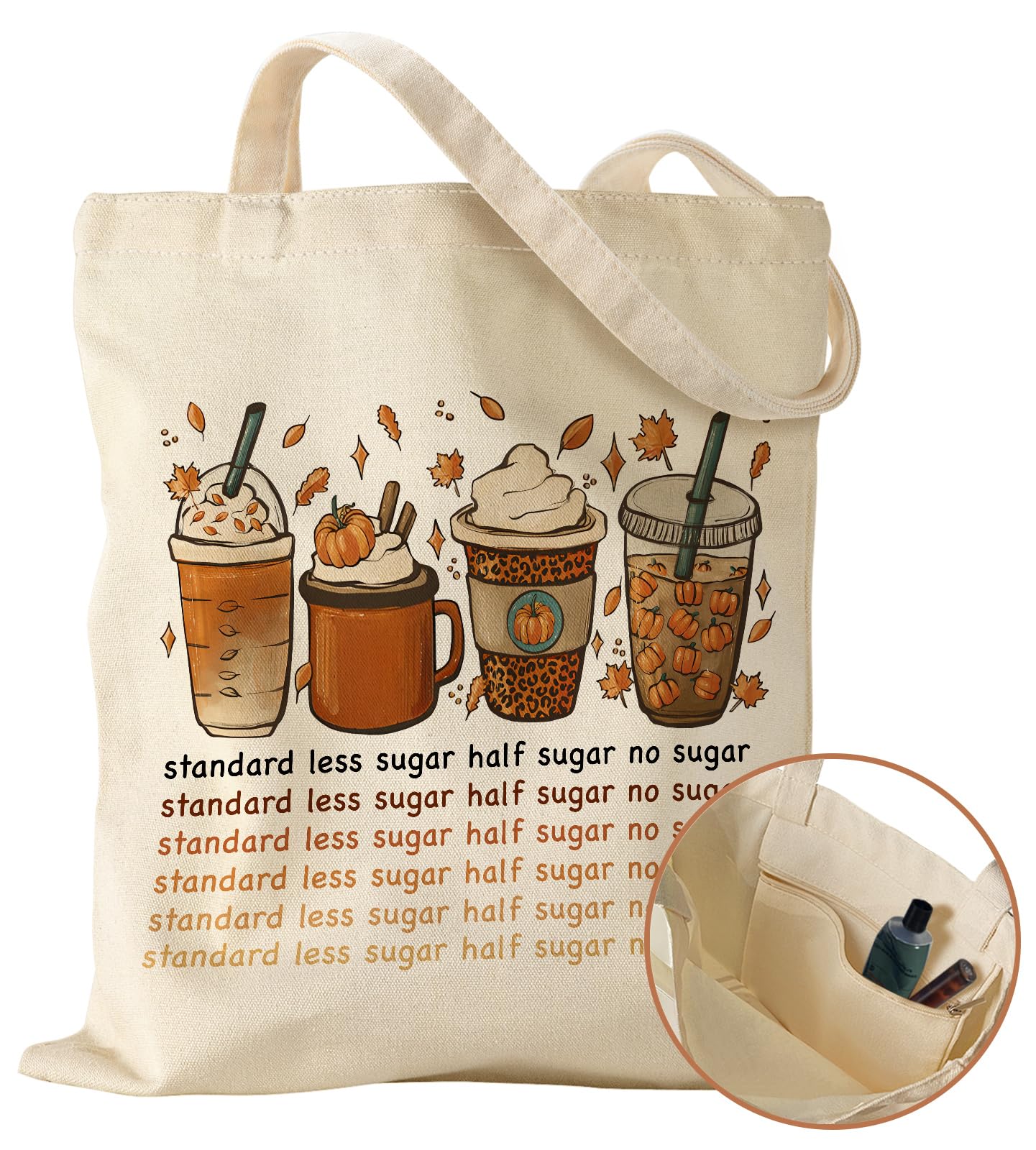 Custom Coffee Pattern Canvas Bag with Inner Pocket