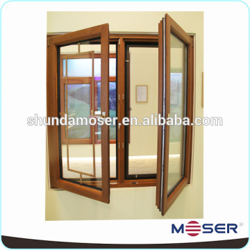 Decorative oak wood double pane casement window with blinds for bedroom