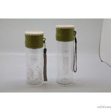 Single Wall Glass bottle with lid and strap 330ml capacity