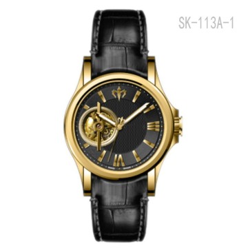Hot Selling Genuine Leather Watch Band Custom Skeleton Mechanical Movement Men Wrist Watches