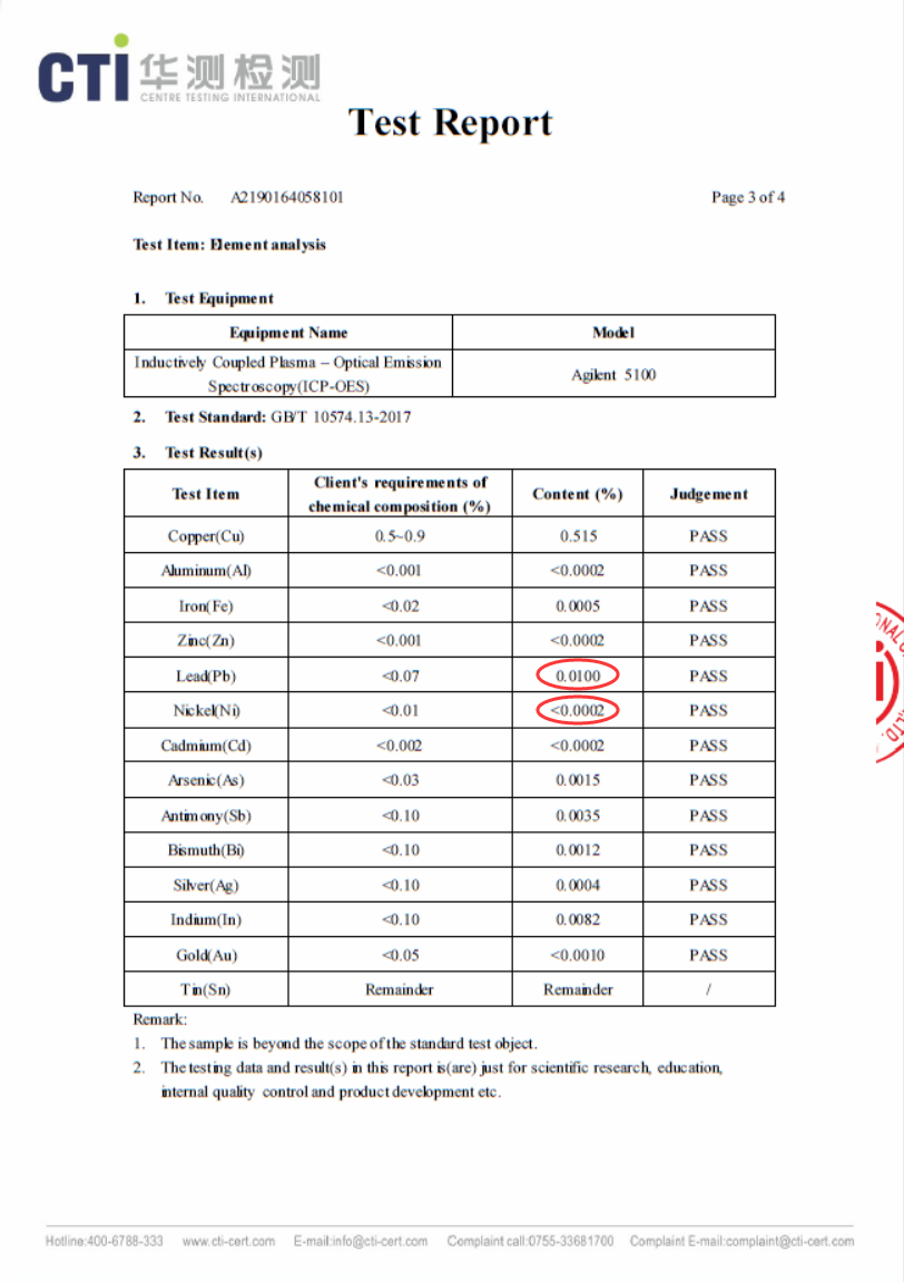 test report of solder 