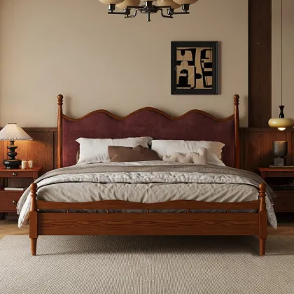 Solid Wood Bed Frame with Upholstered Headboard