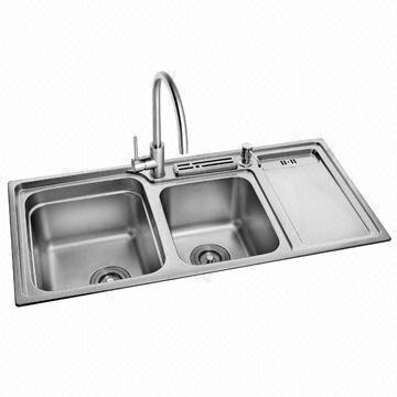 Double bowl kitchen sink with drain board, have holes for faucet, soap dispenser and knife shelf