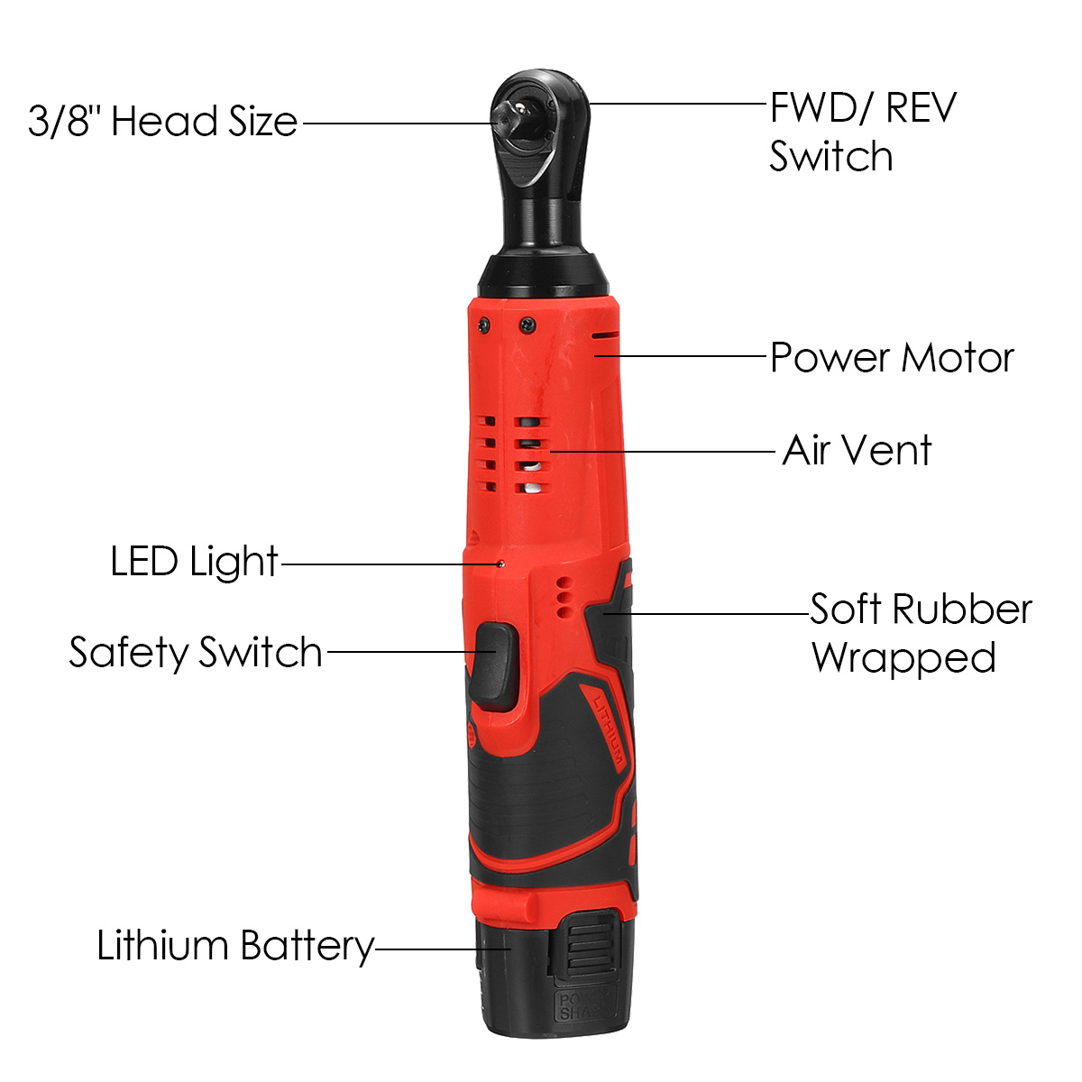 Electric Wrench 3/8" Cordless Ratchet 12V Rechargeable Scaffolding 65N.m Right Angle Wrench Tools with 2Pcs Battery Charger Kit