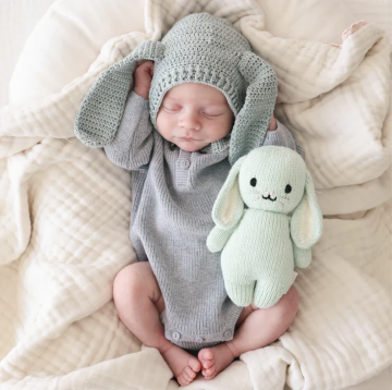 Handcrafted Knitted Baby Mint Bunny Stuffed Animal: A Soothing Lovable Companion Toy from Cuddle + Kind