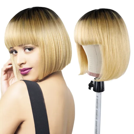 Hot Sale Custom Ombre Highlight Color Short Straight Bob Wig 1b/27 with Hair Bang Short Cut Peruvian Bob Wigs Human Hair