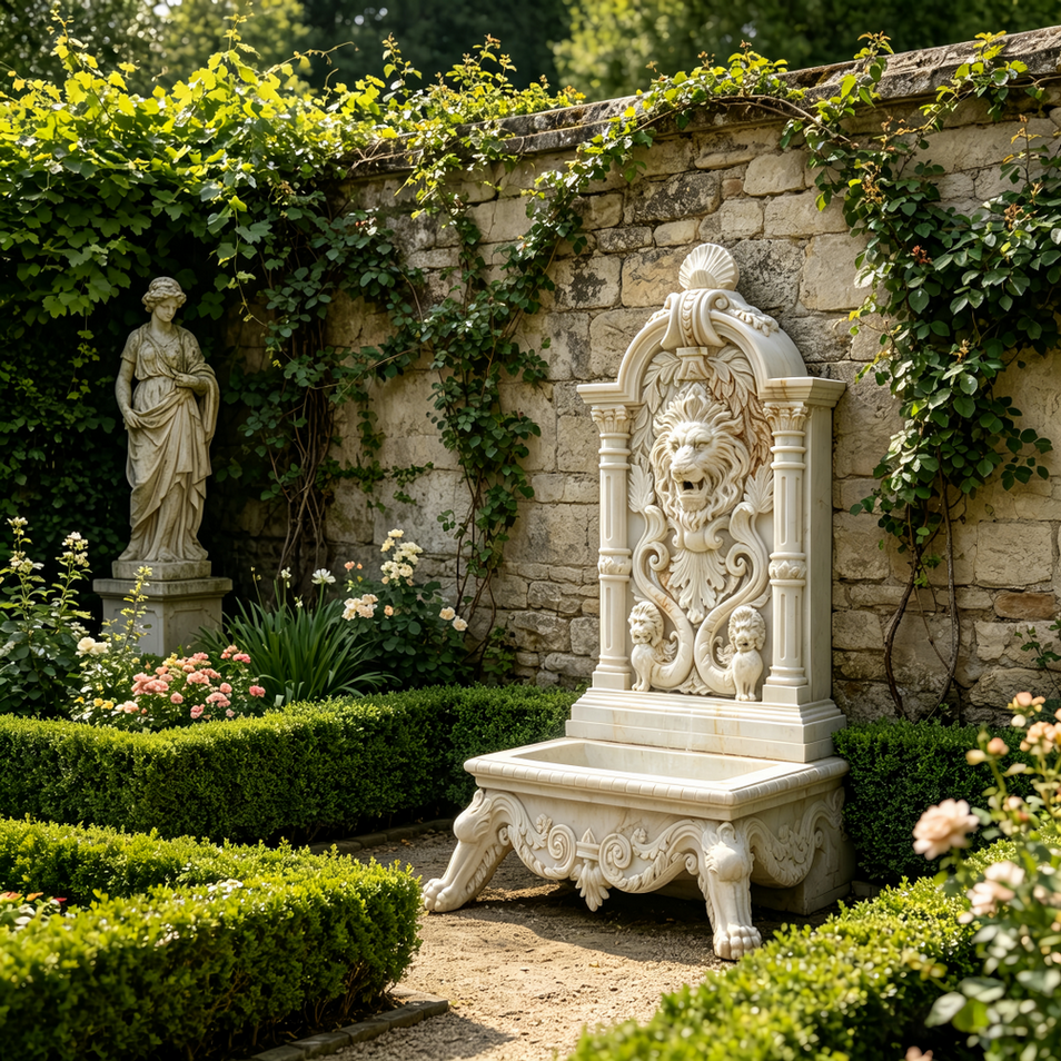 Traditional-Outdoor-Fountain-with-Hedge-Garden