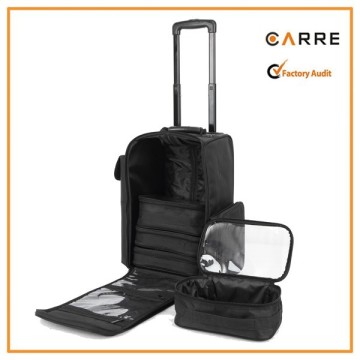 High Quality Nylon Professional Soft Sided Rolling Makeup Case with Pouches in Black