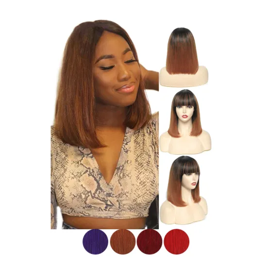 Brazilian Ombre Colored Bob 1B/30 Machine Made Human Hair Wigs with Bangs Front Fringe 8-14 Inch Glueless Short Bob Wig