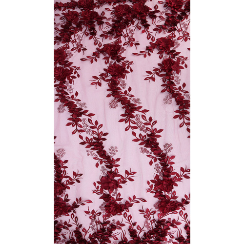 Deep Red 3D Flower Lace Embroidery Fabric