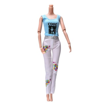Fashion 1 Set= Blue Tank+ White Pant Suits For Barbie Summer Print Dolls Clothing For Girls Toy Gifts high quality