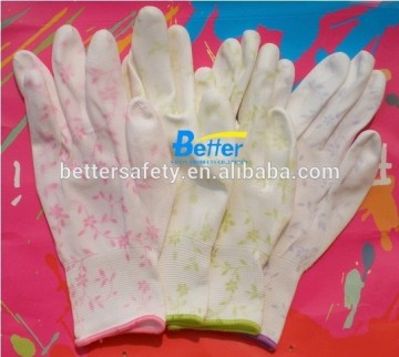 13 Guage Lady Flower Nylon PU Palm Coated Wholesale Work Gloves Anti-Static