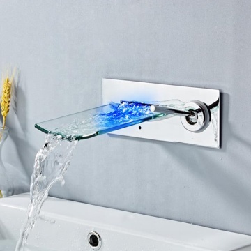 Single Handle Brass Wall-Mounted LED Glass Basin Faucet with Waterfall Spout for Bathroom