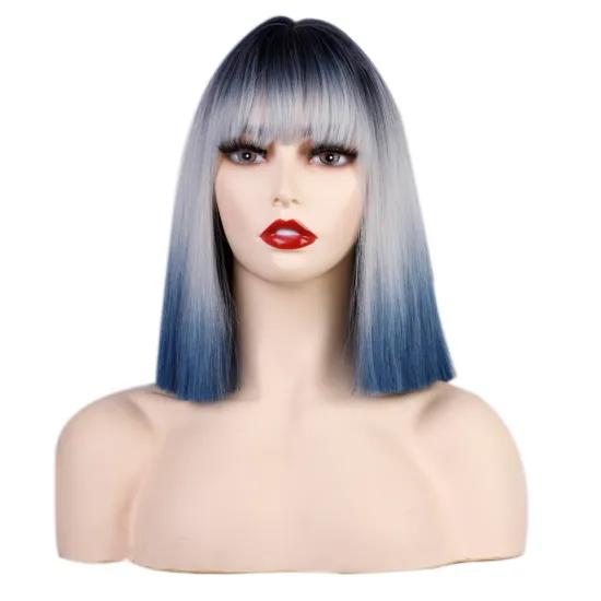 Short Root Black Ombre Silver to blue 3 Tones Bob Cut Wigs With Bangs Heat Resistant Synthetic Straight Hair Wigs for Women