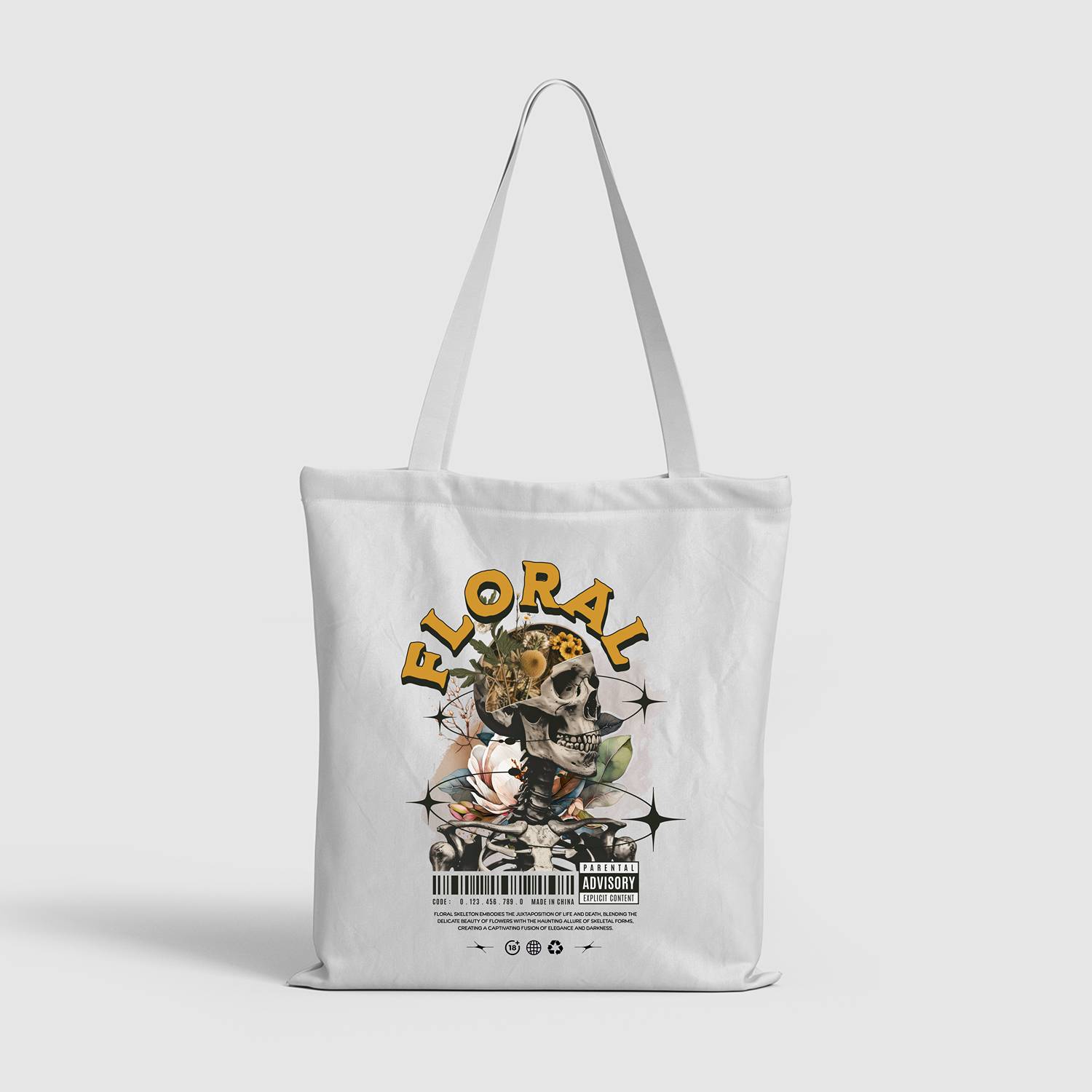 Floral Dead Heads Pattern Canvas Tote