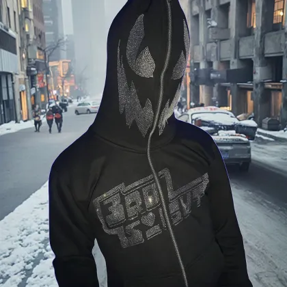 Verified Manufacturer Custom Full Zip Up Rhinestone Demon Face Hoodie