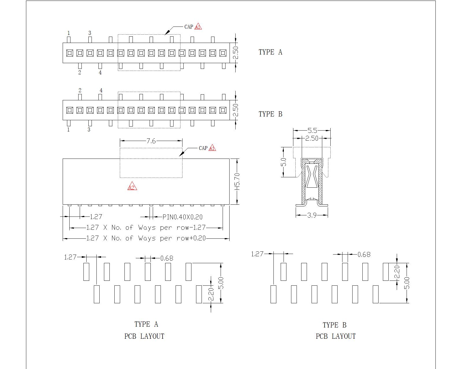 FHCM04-XXSXXXX 1.27X2.54 mm Female Header Sin