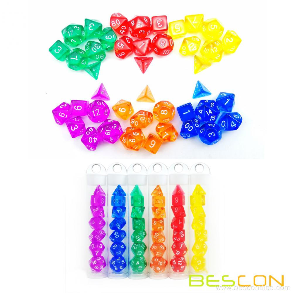 Bescon Mini Translucent Polyhedral RPG Dice Set 10MM, Small RPG Dice Set D4-D20 in Tube Packaging, Assorted Colored of 42pcs