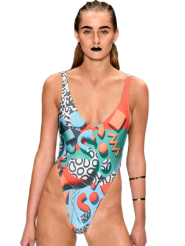 Women Sexy Printed One Piece Swimwear Female Fashion Deep V-Neck Bodysuit