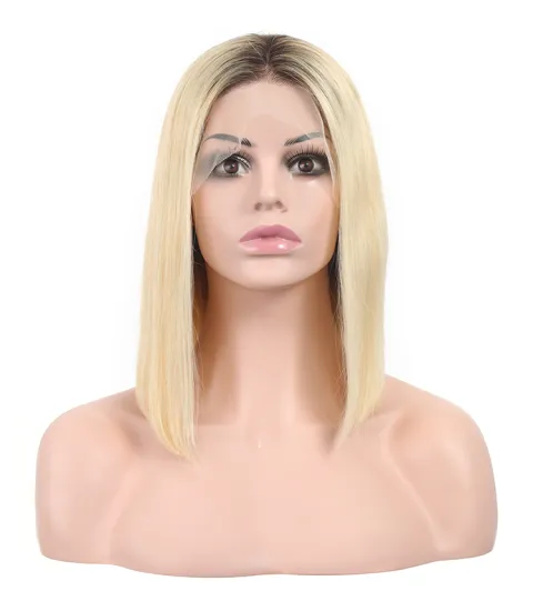 Yeswigs 1b-613 Blonde Peruvian Cuticle Aligned Lace Frontal Human Hair Wig Bob Silky Straight Unprocessed Virgin Human Hair