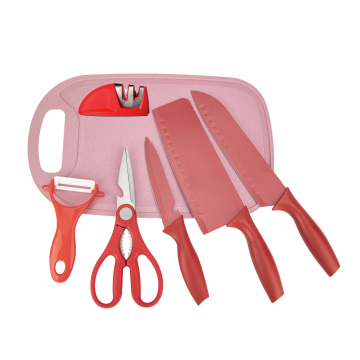 Customizable Wheat Straw Kitchen Knife Set: 7-Piece Kit with Cutting Board & Knife Sharpener for Kids