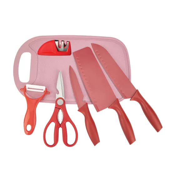 Customizable Wheat Straw Kitchen Knife Set: 7-Piece Kit with Cutting Board & Knife Sharpener for Kids