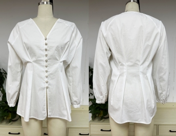 Elegant White Long Sleeve Blouse with Pearl Buttons