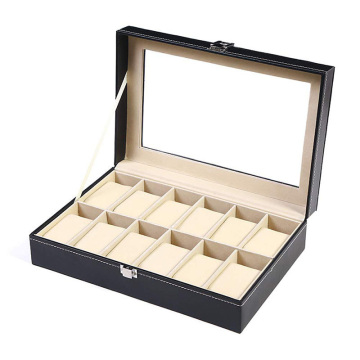 Elegant 12-Slot Leather Watch Organizer with Glass Lid and Removable Pillow for Men and Women