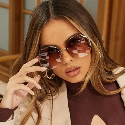 Luxury Brand Vintage Round Pink Rimless Metal Mirror Sun Glasses