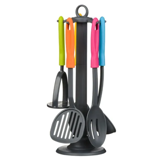 5 Piece Kitchen Tool Set Grey Nylon/Multi Colour Handles/Stand cooking Kitchen Utensils / Tools Set