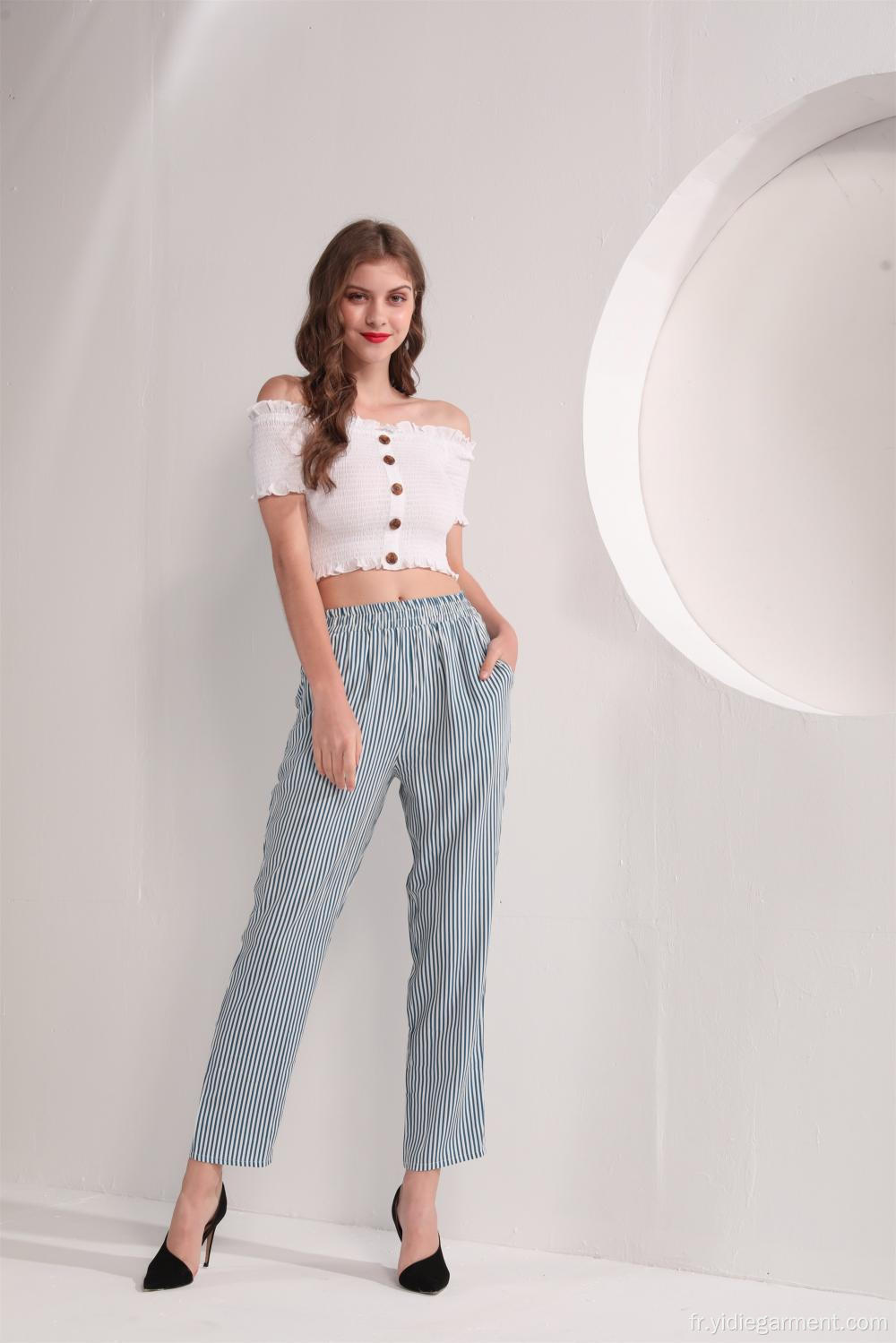 Pantalon femme rayé bleu et blanc