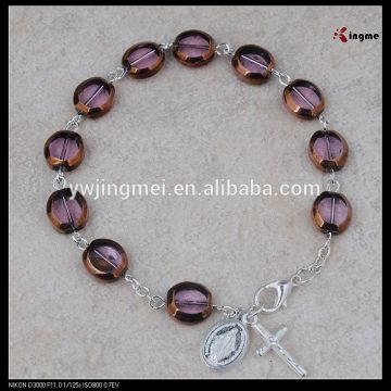 High quality charm flat purple glass bead rosary bracelet,rosary bead bracelet