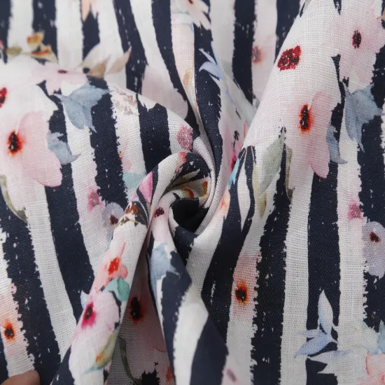 Custom Digital Print Linen Fabric with Black Stripe and Floral Design (No MOQ) - 100% Linen Woven Fabric for Clothing