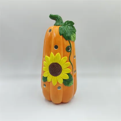 Hand Painted Tall Pumpkin Sunflower Ceramic Lantern