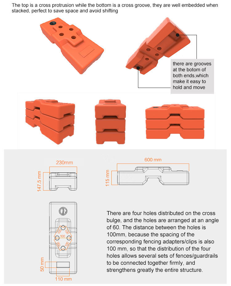 Blue plastic base for temporary fence systems, portable and durable