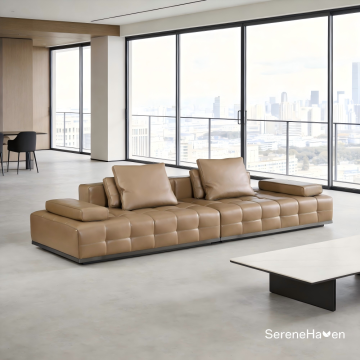 Modular Leather Sofa with Quilted Grid Design