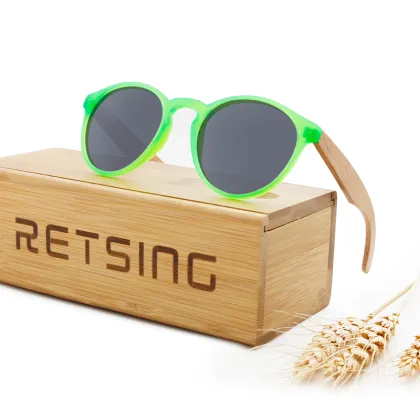 Kids Wood Polarized Round Sunglasses with Mirror Lenses