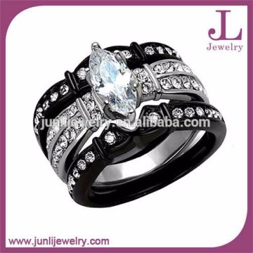 2015 Hot Sale 3 Pieces Stainless Steel Silver Black Cubic Zirconia Ring Titanium Wedding Ring